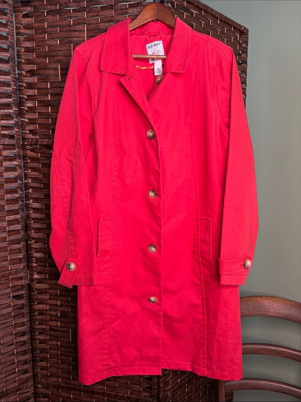 Y2K Old Navy Salmon Single-Breasted Trench Coat Tortoise Buttons